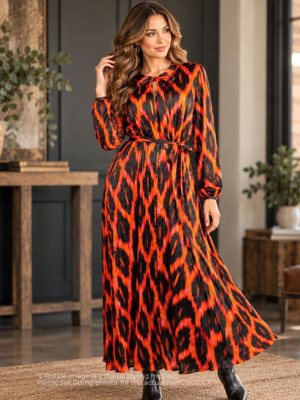 Scoop Pleated Maxi Dress M 8-10 Bold Abstract Orange Black Tie Neck Belted